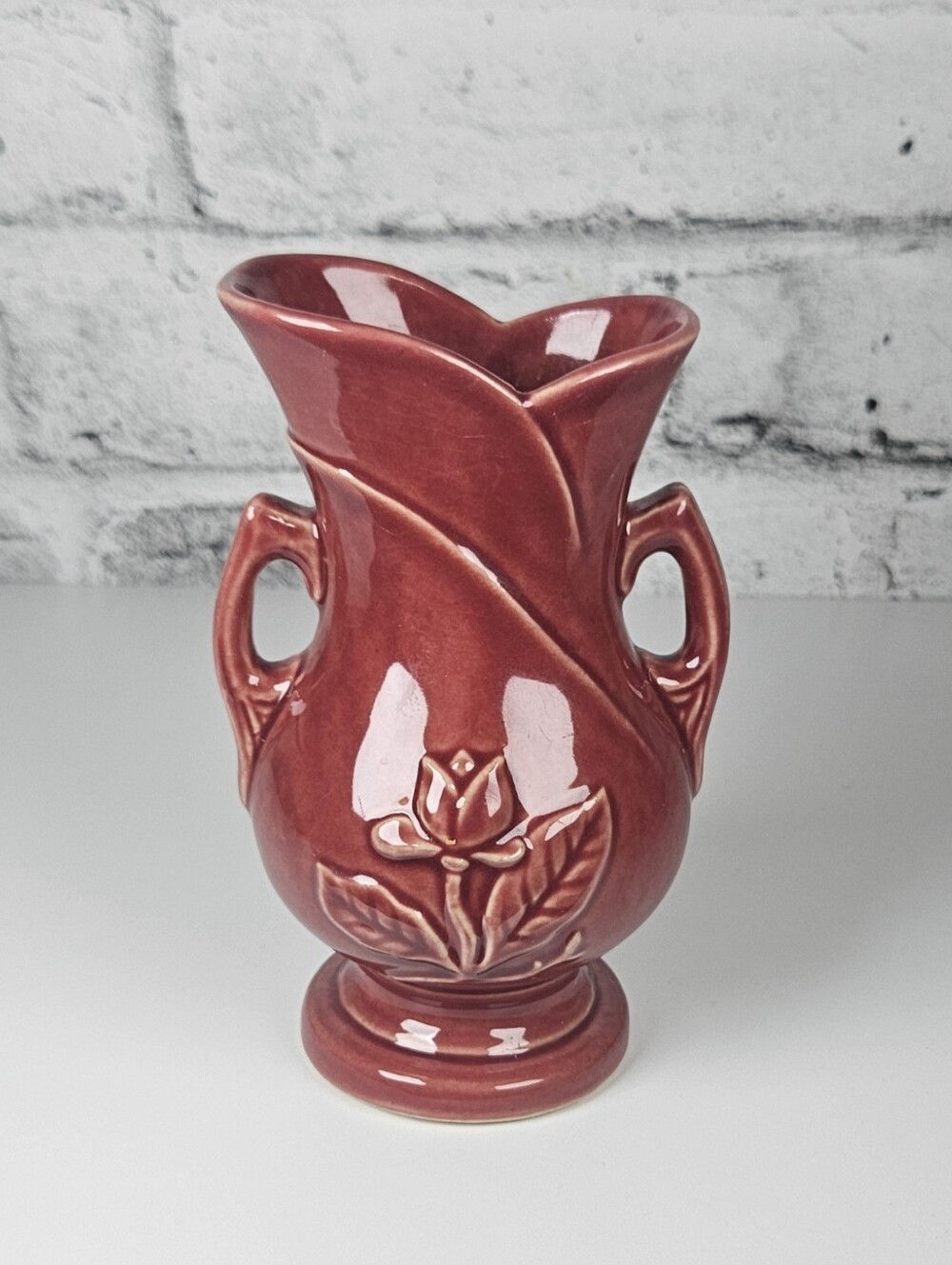 Vintage Roseville Style Burgundy Ceramic Vase Floral Double Handle 6 Inch